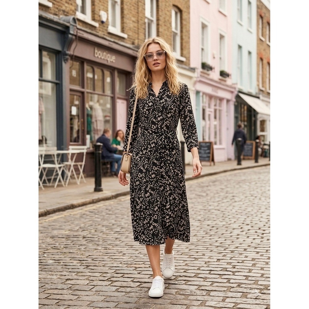 Zara Black White Animal Print Midi Shirt Dress Tie Waist XS